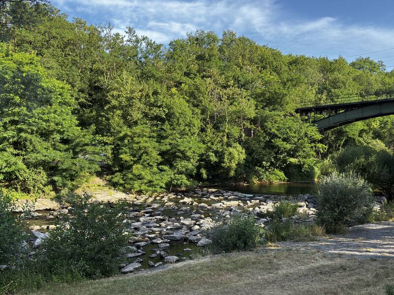 Eine grüne Metallbrücke überspannt einen Fluss, der von üppigen Bäumen und Felsen gesäumt ist.